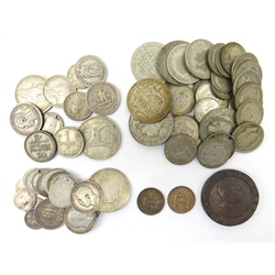  Collection of Great British and World silver etc approximately 120 grams of pre 1947 British silver coins and approximately 60 grams of pre 1920 British silver coins, approximately 65 grams of mixed World silver, 1797 cartwheel twopence, Queen Victoria 1867 farthing and an 1868 farthing  