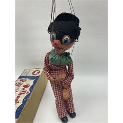 Pelham Puppet - a rare type SM Harlequin circa 1950s with painted black face mask, black felt hat, green ruff and red white chequered suit, H31cm; in original box with instructions 