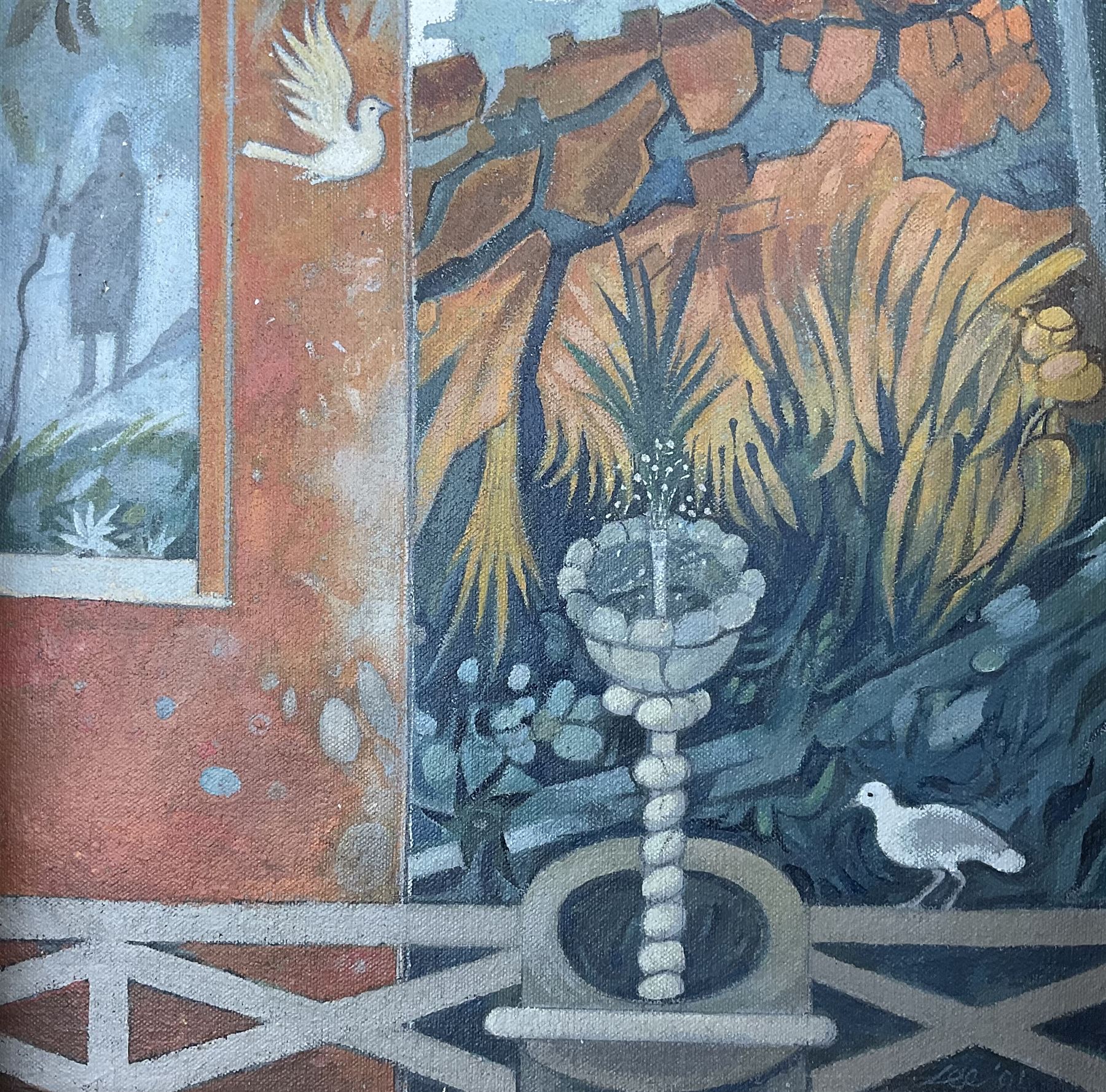 Robert H Lee (British 1915-2007): 'Roman Fresco Remains', oil on canvas board, signed and dated '01, in frame formed as a star, titled verso 24cm x 24cm 