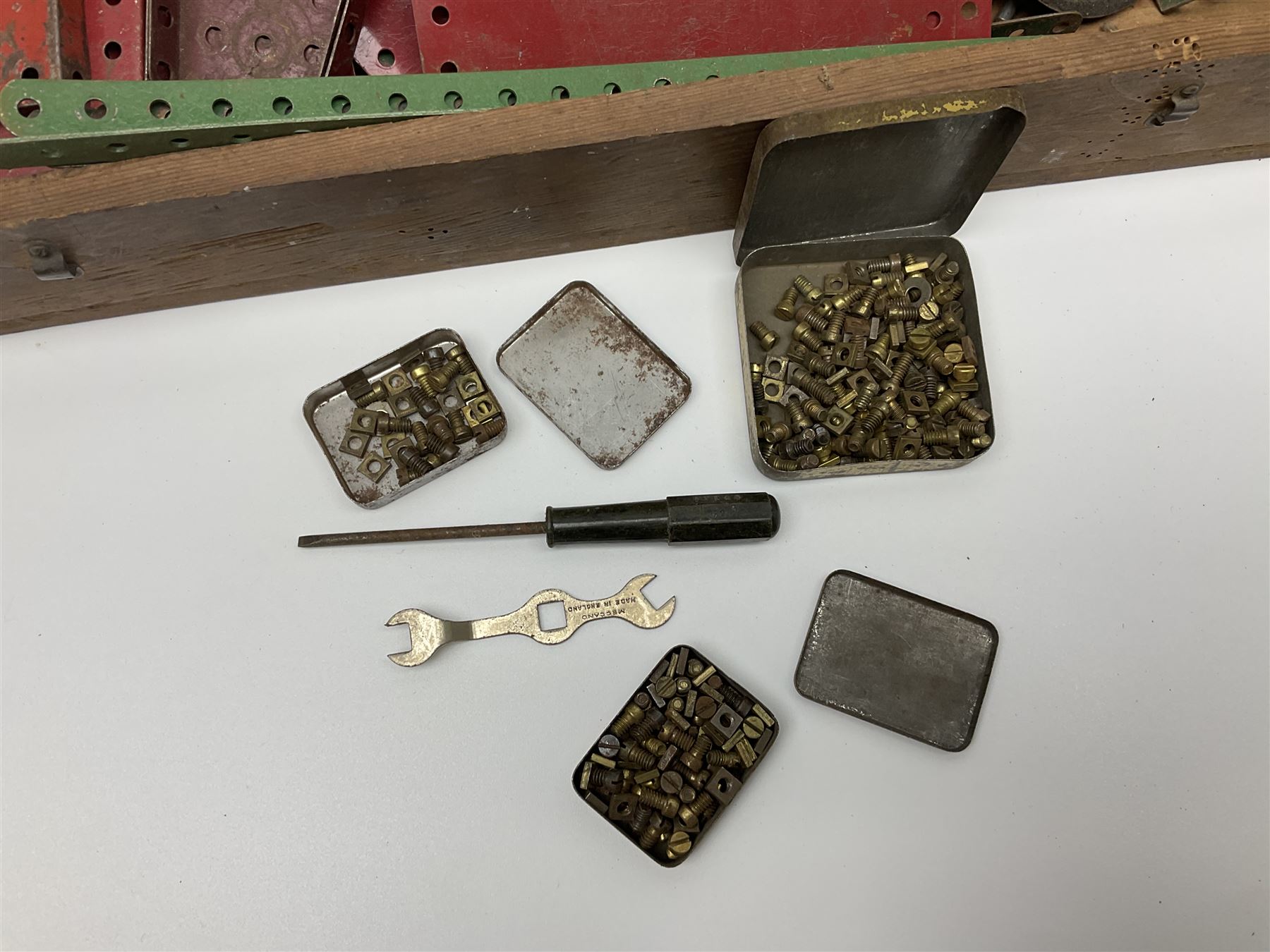 Meccano - quantity of playworn sections in red and green, in scratch-built pitch pine box with 3, 3A and 4A instruction booklets, box L43cm