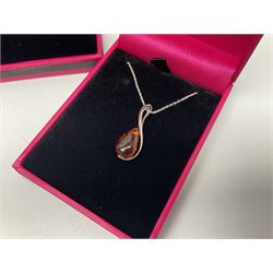 Six silver Baltic amber pendant necklaces, including dinosaur and butterfly designs, all stamped 925 