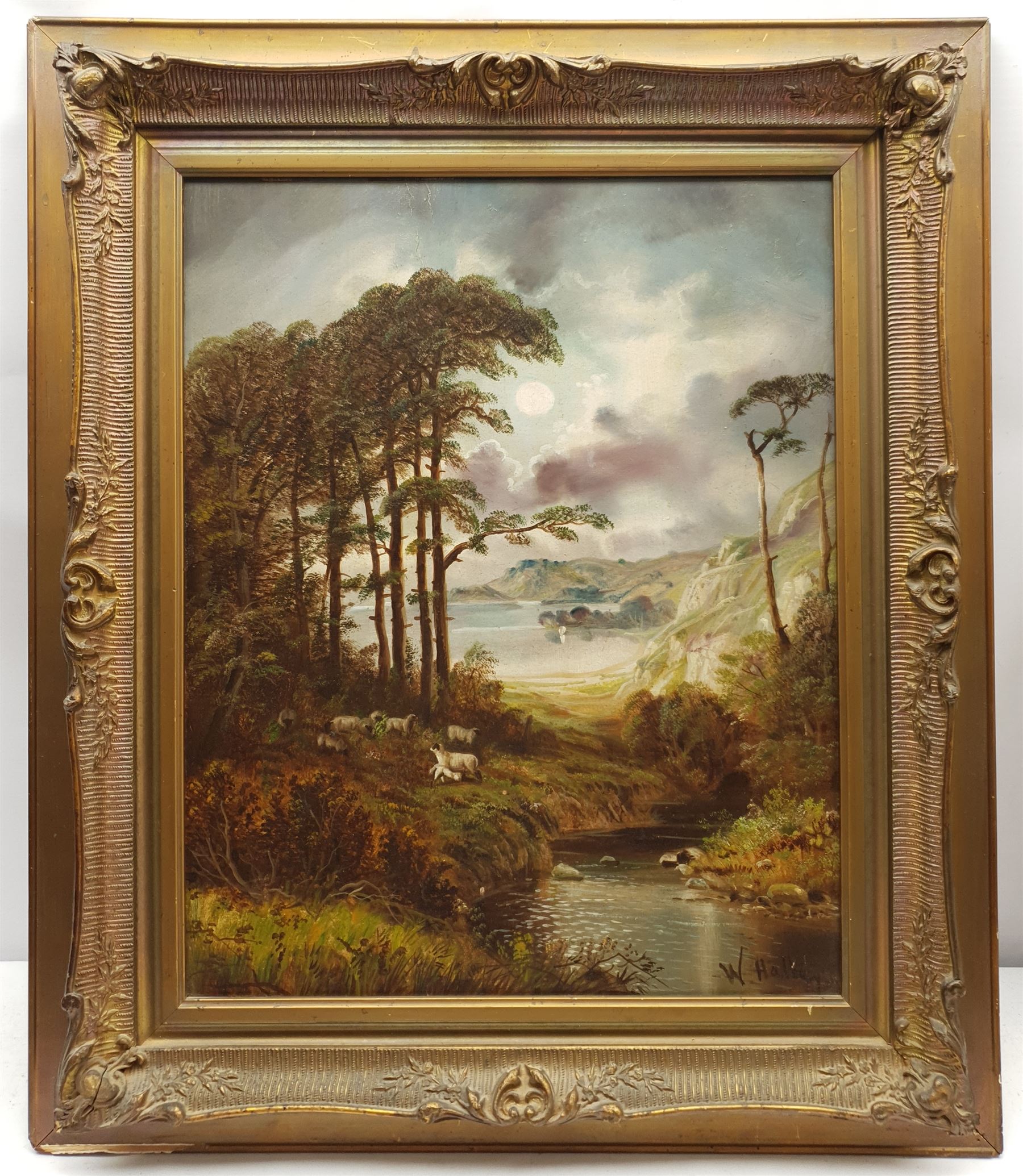 W Halley? (British late 19th century): Rugged Landscape with Sheep by a River, oil on panel indistinctly signed 50cm x 40cm