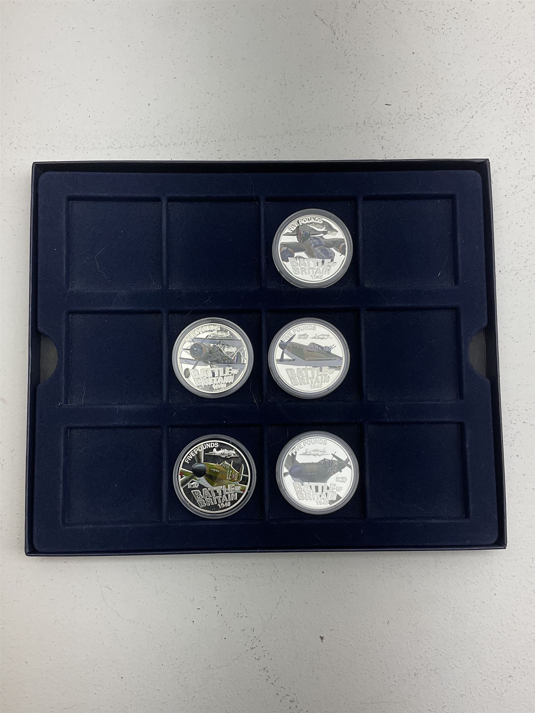 Five Queen Elizabeth II Bailiwick of Guernsey 2010 silver proof five pound coins, from the '70th Anniversary Battle of Britain Silver Coin Collection', some with certificates