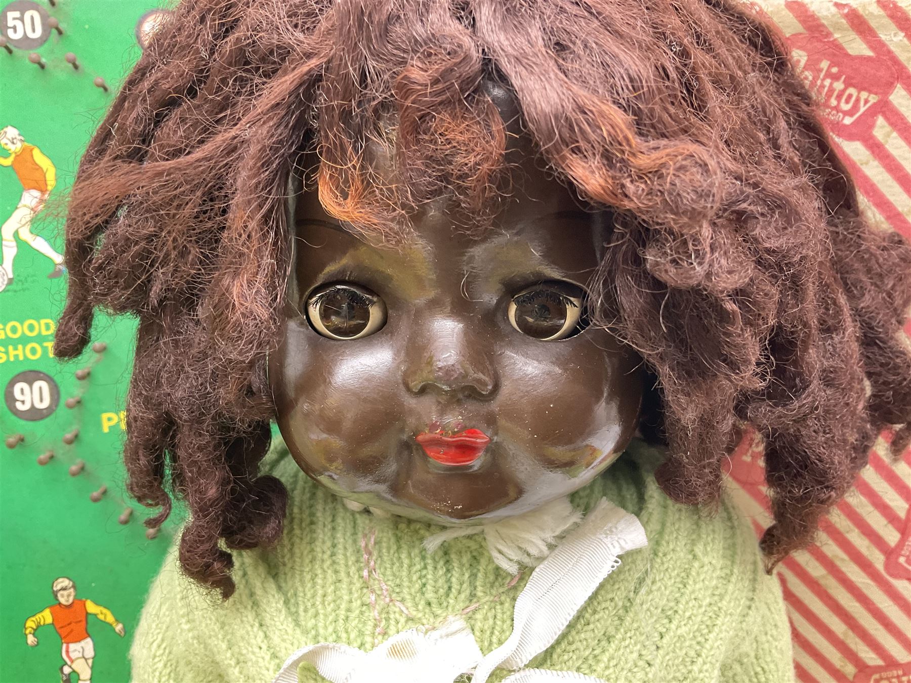 Ideal 'Tank Command' battle action game; boxed; Kay 'Pin Football' bagatelle game; Coleco Cabbage Patch Kids 'Carita Aleen' doll; boxed with certificate; and Palitoy composition head and body doll; boxed (4)