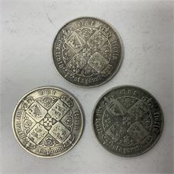 Three Queen Victoria silver 'Gothic' florin coins, dated two 1853 and 1873