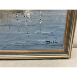 Dalia (British 20th century): Ships at Anchor, impressionist oil on board signed 44cm x 53cm