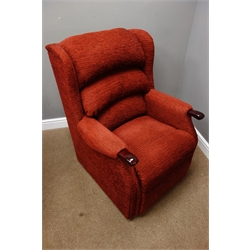  Two seat sofa (W125cm), and matching wingback armchair (W80cm), upholstered in red chenille fabric,  