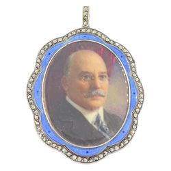 Early 20th century silver guilloche enamel portrait pendant, set with an oval miniature of...