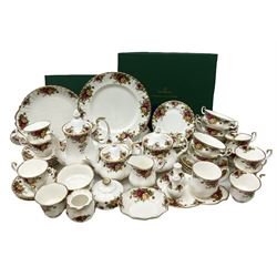 Royal Albert Old Country Roses pattern part tea and dinner service, to include two teapots, coffee pot, nine teacups and saucers, open sucrier, milk jug, three tier cake stand, six dinner plates, six bowls, four twin handled soup bowls and saucers, etc (46)