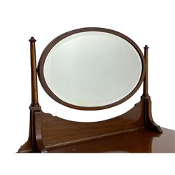 George III design mahogany straight-front chest, raised oval swing mirror with bevelled glass on turned supports, fitted with five graduating drawers with boxwood stringing, on bracket feet