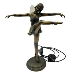 Art deco style composite bronzed lamp, in the form of a dancer, untested, H37cm