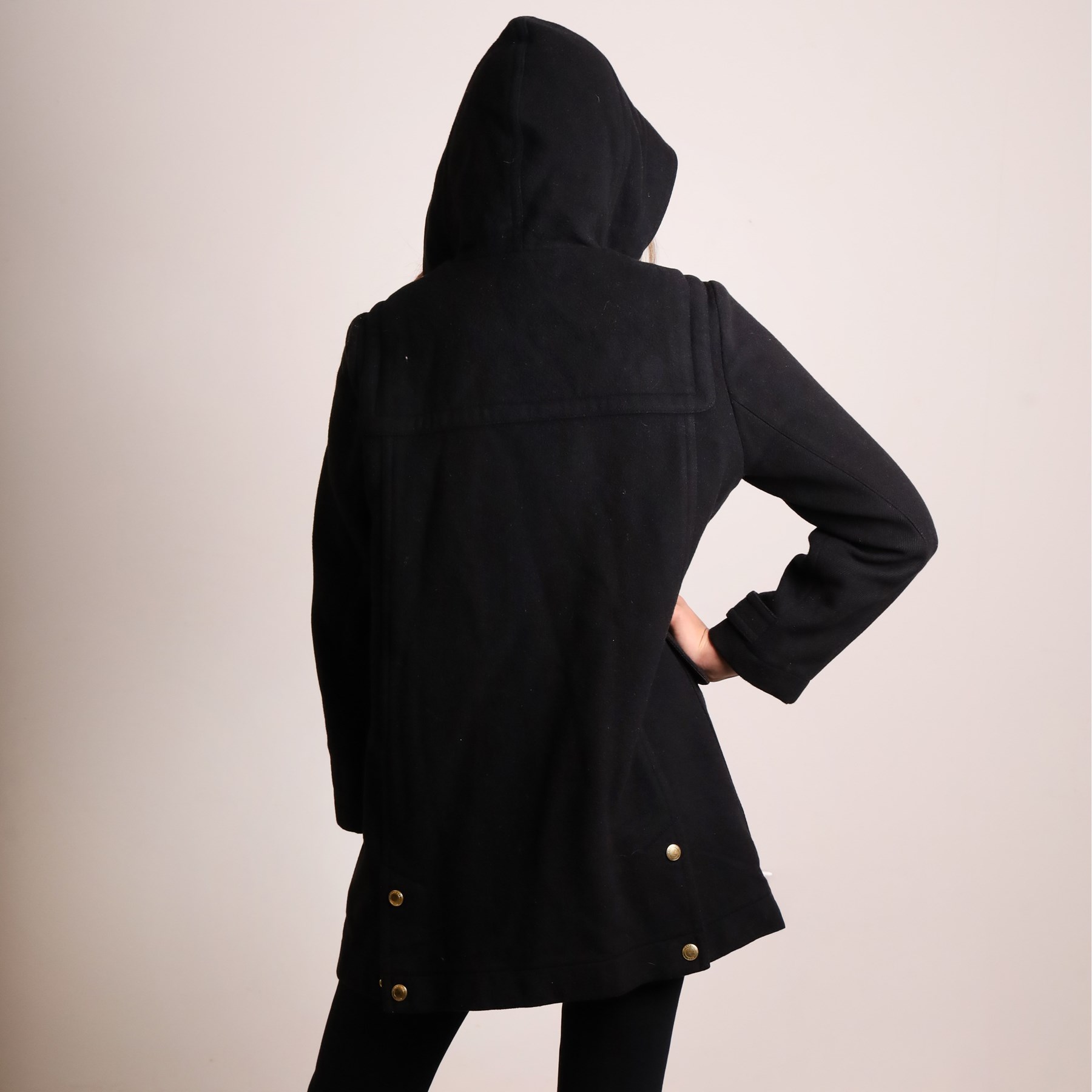 Burberry Brit - black wool duffle coat, with hood, leather toggle fastenings, flap pockets and signature check wool lining, size UK 16