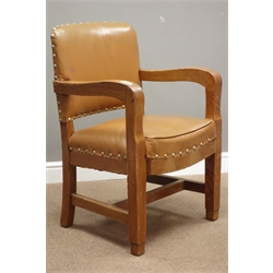 Mid 20th century oak armchair with sprung seat upholstered in tan leather with stud detailing, W61cm  