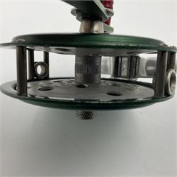 TO RTV Three fishing reels, including American Pflueger progress bulldog size 60 brass and chrome skeleton fly reel, with wooden handle; Maginot 106 fly reel and an alloy reel (3)