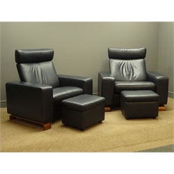  Stressless 'Arion 3S High' two seat reclining sofa (W168cm), pair matching armchairs (W104cm), and footstool, upholstered in black leather  