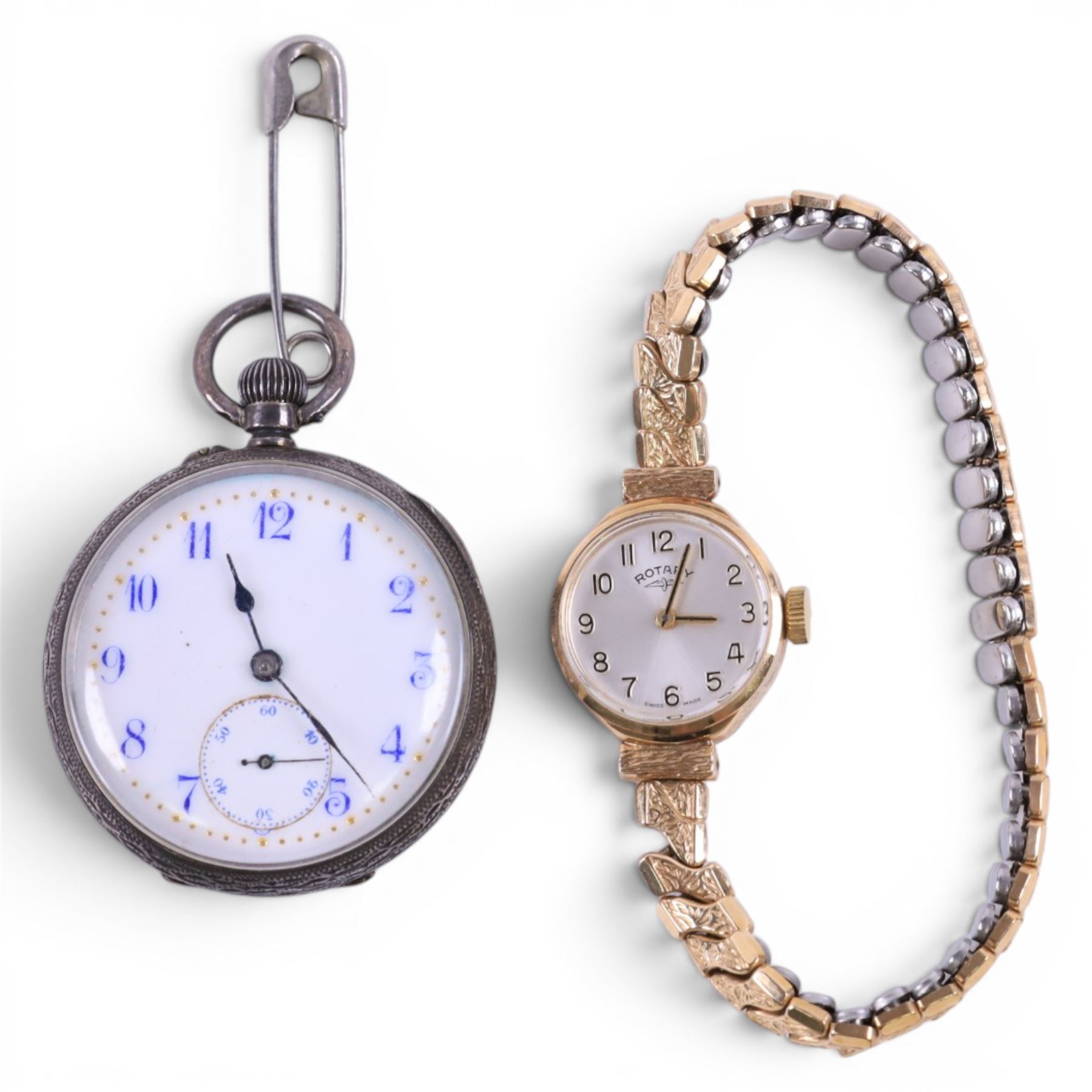 9ct gold cased ladies Rotary wristwatch on expanding gilt strap and a continental silver cased fob watch stamped 935