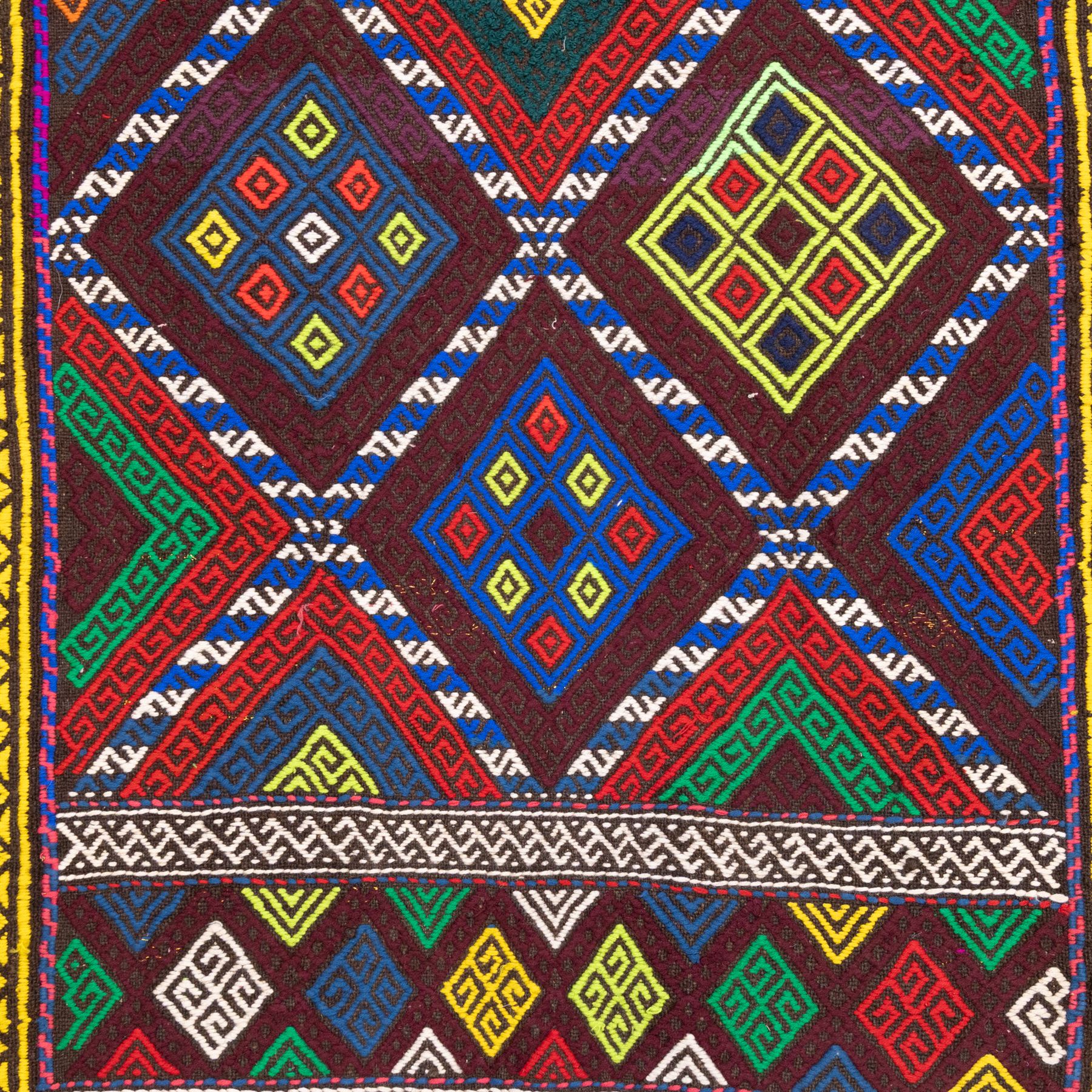 Central Asian Suzani kilim flatweave runner, decorated with a repeating diamond lattice enclosing polychrome geometric motifs within yellow key fret borders, fringe ends 