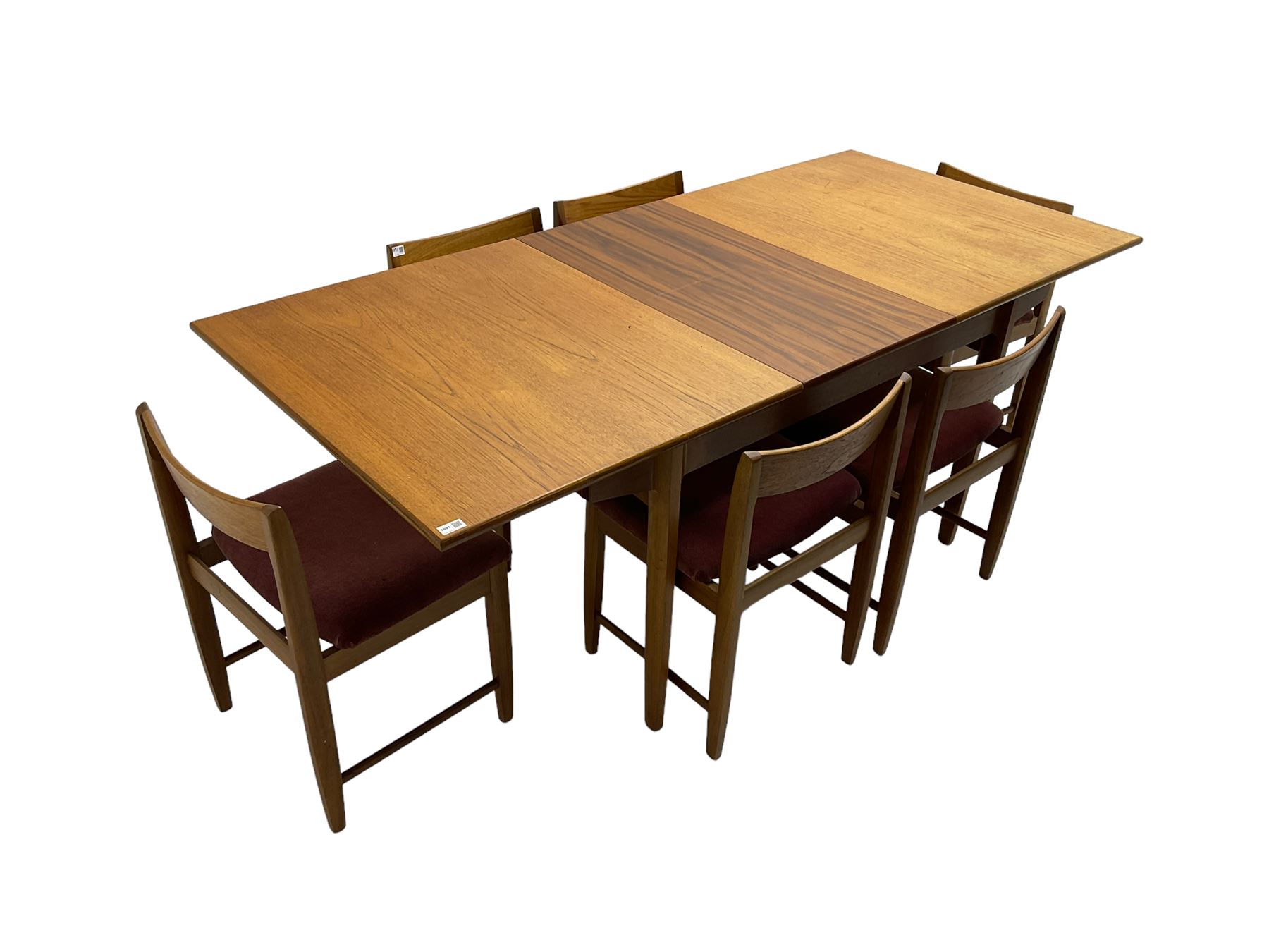 Bath Cabinet Makers BCM - mid-20th century teak extending dining table with butterfly action leaf, on shaped tapering supports (198cm x 92cm x 94cm), BCM - set six teak dining chairs with bar back and upholstered seats (48cm x 45xm x 73cm)