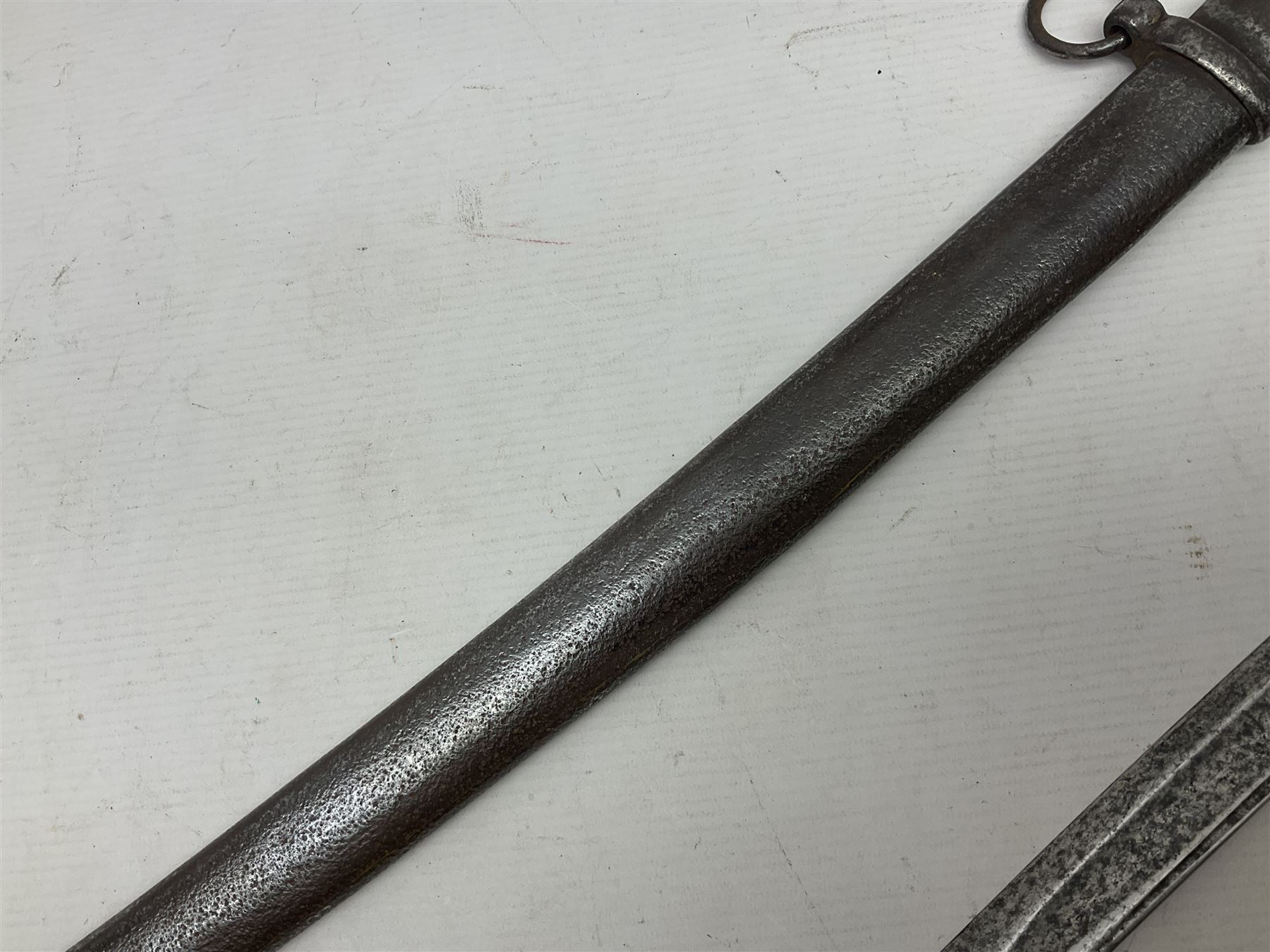 19th century French 1822 Pattern Light Cavalry trooper's sword with 88.5cm slightly curving fullered blade, brass three-bar hilt and wire-bound leather grip; in polished steel scabbard with two suspension rings L110.5cm overall