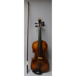  19th century German Stainer violin with 36cm two-piece maple back impressed Stainer, maple ribs and spruce top, bears label 'Model of Jacob Stainer Made in Germany', L58.5cm, in modern carrying case with bow  