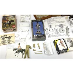 Quantity of cast metal figures and busts by Ceremonial Studios, Amati Miniatures etc including historical soldiers, American Native Indians etc predominantly in unmade/part constructed and unpainted kit form; together with associated accessories, wooden plinths etc; and boxed plastic soldiers