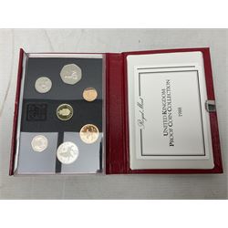 Nine The Royal Mint United Kingdom proof coin collections, dated two 1985, two 1986, 1987, 1988, 1989, 1990 and 1991, all in red cases with certificates