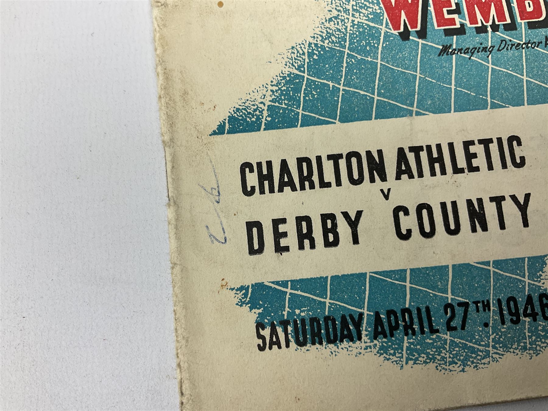 1946 FA Cup Final Charlton Athletic v Derby County football programme played 27th April 1946 at Wembley. Provenance: By direct descent from the family of Raich Carter having been consigned by his daughter Jane Carter.