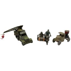 Various Makers - military vehicles comprising Schuco Kubelwagen and two Russian tanks, all boxed; and quantity of unboxed and playworn models including five Crescent Field Guns and Ammunition Limbers, Crescent Heavy Rescue Crane, Johilco Mobile Searchlight, Britains German Army BMW Combination, two Skybirds trucks etc; and a tin-plate armoured car.
