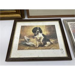 After Claude Monet (French 1840 - 1926): 'San Giorgio Maggiore', colour print; After Adolf Sehring (American 1930-): Summer Daydream, textured print; after John Trickett (British 1952-): Spaniel Puppy, colour print signed together with two needleworks (5)