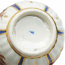 18th century Caughley tea cup and saucer of fluted design decorated in blue and gilt, blue 'S' mark, Bloor Derby coffee can and saucer in red, blue and gilt; 18th century Worcester tea bowls decorated in the Pleasure Boat or Fishermans pattern, and a Liverpool tea bowl decorated in the Penningtons Cannonball pattern