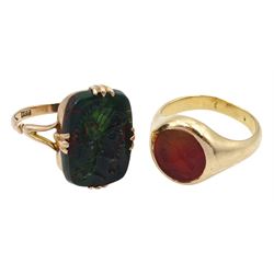 Early 20th century rose gold bloodstone intaglio Roman centurion ring, makers mark W.N, stamped 9c and one other 14ct gold agate intaglio ring
