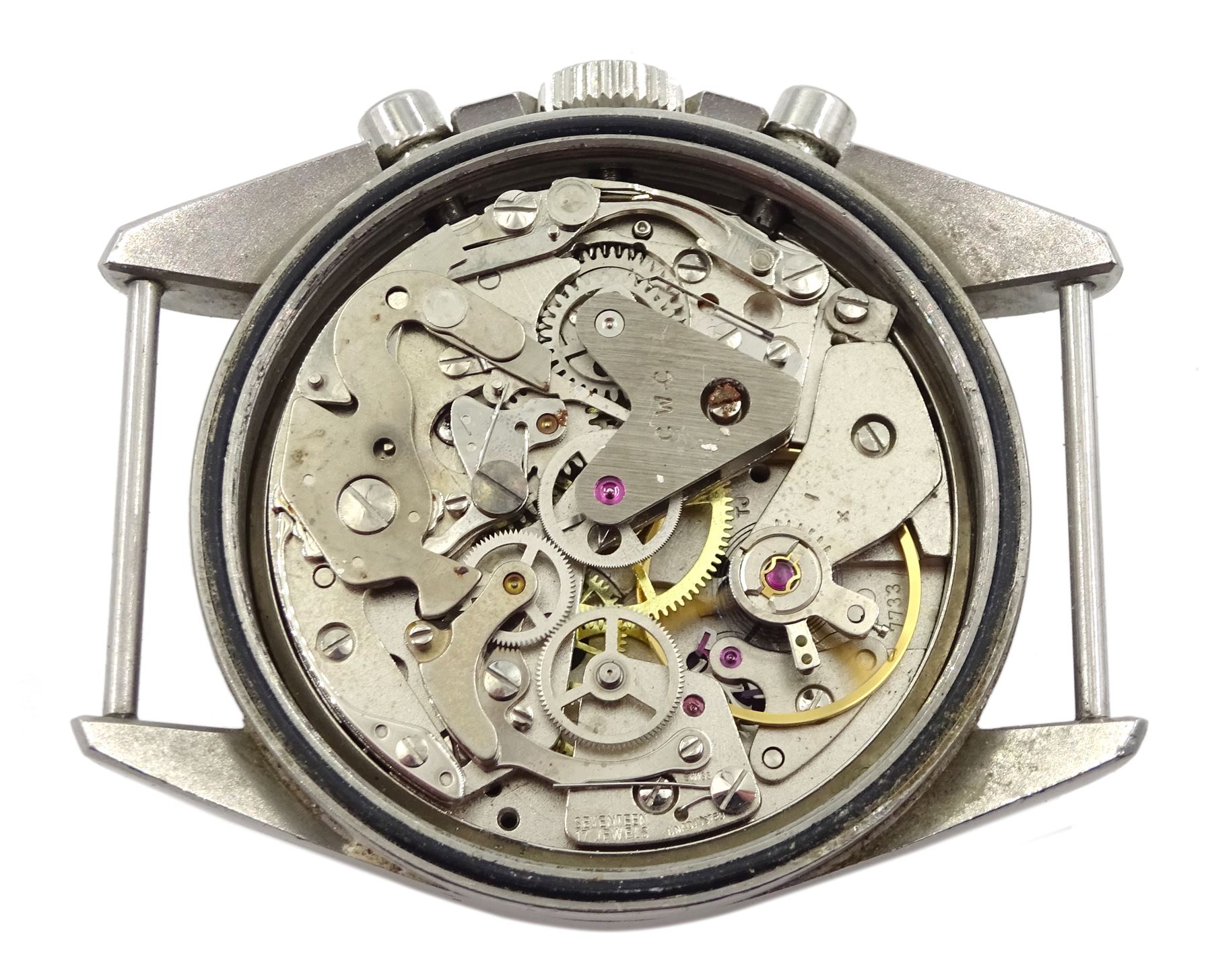 CWC British military Royal Navy 17 jewels chronograph wristwatch dated 1975, Valjoux cal. 7733, screw back case issue markings 0552/924-3306 ^ 4650/75, on original fabric strap