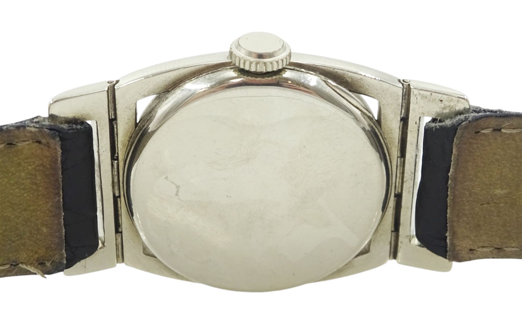 Hamilton Piping Rock gentleman's 14ct white gold manual wind wristwatch, circa 1929, movement No. 2911386, Cal. 979, silvered dial with subsidiary seconds dial and applied tracking, Tonneau shaped case with swivel lugs, enamelled bezel with Roman numerals markers, back case No. 128574, stamped 14K, boxed