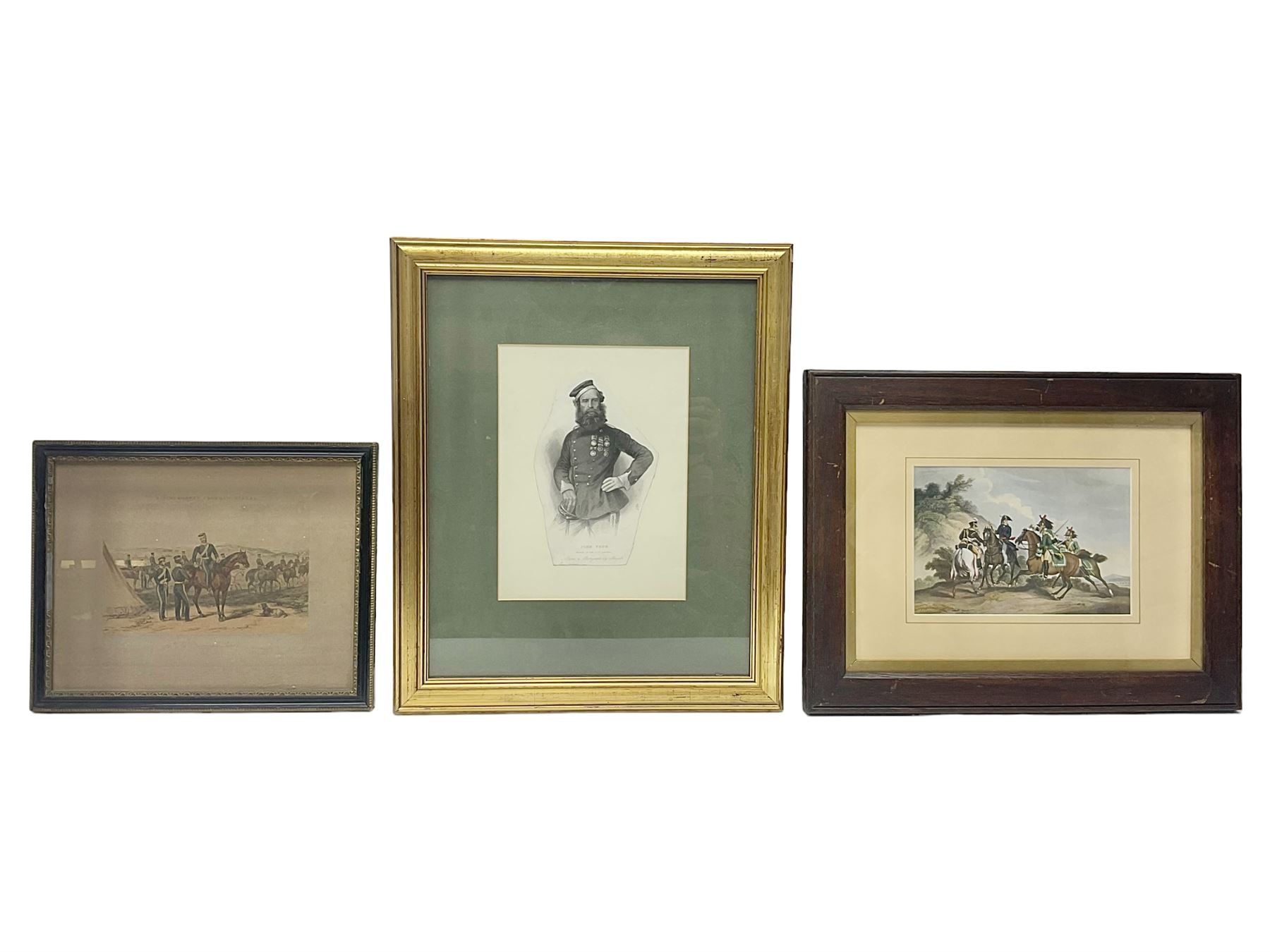 After Ackermann, Crimean War colour print in the Cobham Scenes series entitled '17th Light Dragoons (Lancers)', 15 x 19cm, Hogarth type frame; 19th century engraving of John Penn Private in the 17th Lancers, gilt frame; and oakframed colour print of a Napoleonic War scene (3)