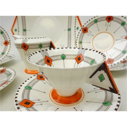  Art Deco Shelley Vogue shaped part tea set decorated in the Diamonds pattern comprising tea cups, six saucers, milk jug and serving plate no. 11772 (10)  