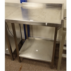  Commercial stainless steel two tier corner preparation table with raised back, 60cm x 70cm, H93cm  