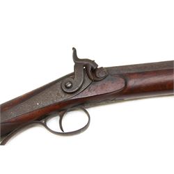 19th century single barrel percussion fire shotgun, muzzle loader, walnut stock with chequered grip and engraved steel fittings, the 84cm (33