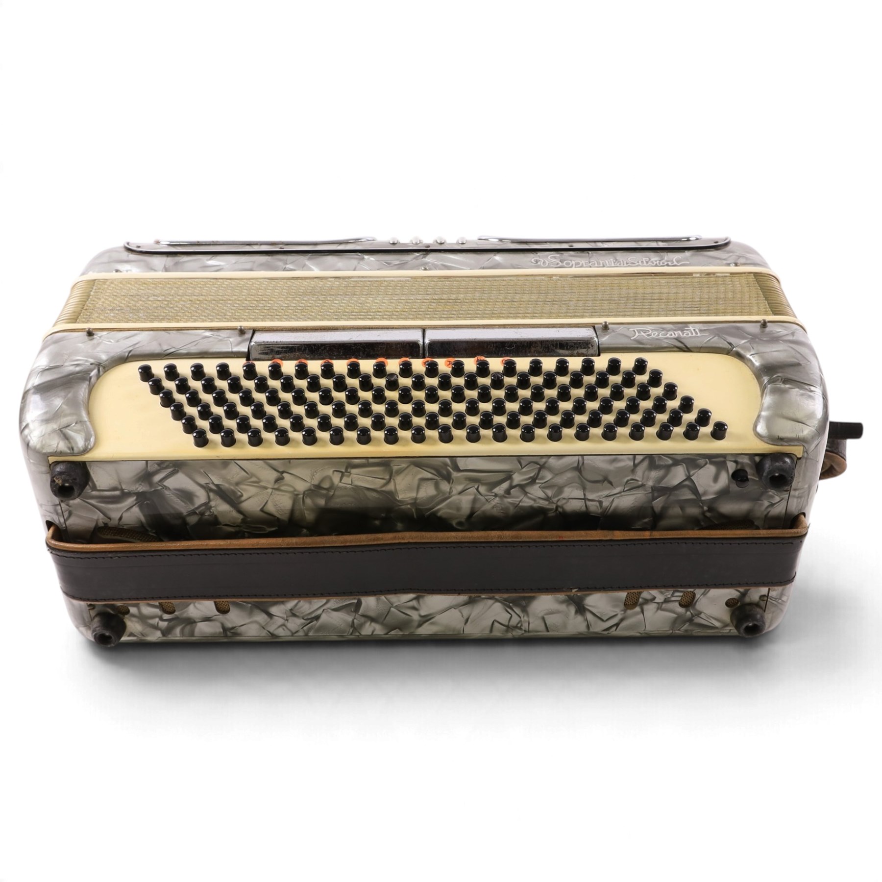 Recanati V Soprani Di Silvio Piano Accordion, 120 bass, with five tone selector keys, silvered pearloid case, with carry case