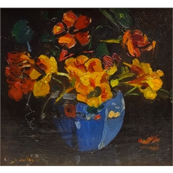  Donald Wood (British 1889-1953): Flowers in Blue Bowl, oil on board signed 21cm x 22cm  