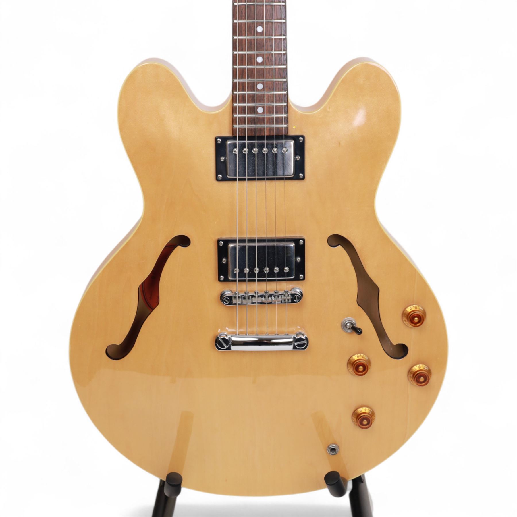 Epiphone DOT by Gibson semi-hollow electric guitar, serial no. S020510207 made in Korea circa 2002, laminated maple body in blonde finish, in Warwick Rockbag soft case, guitar L107cm