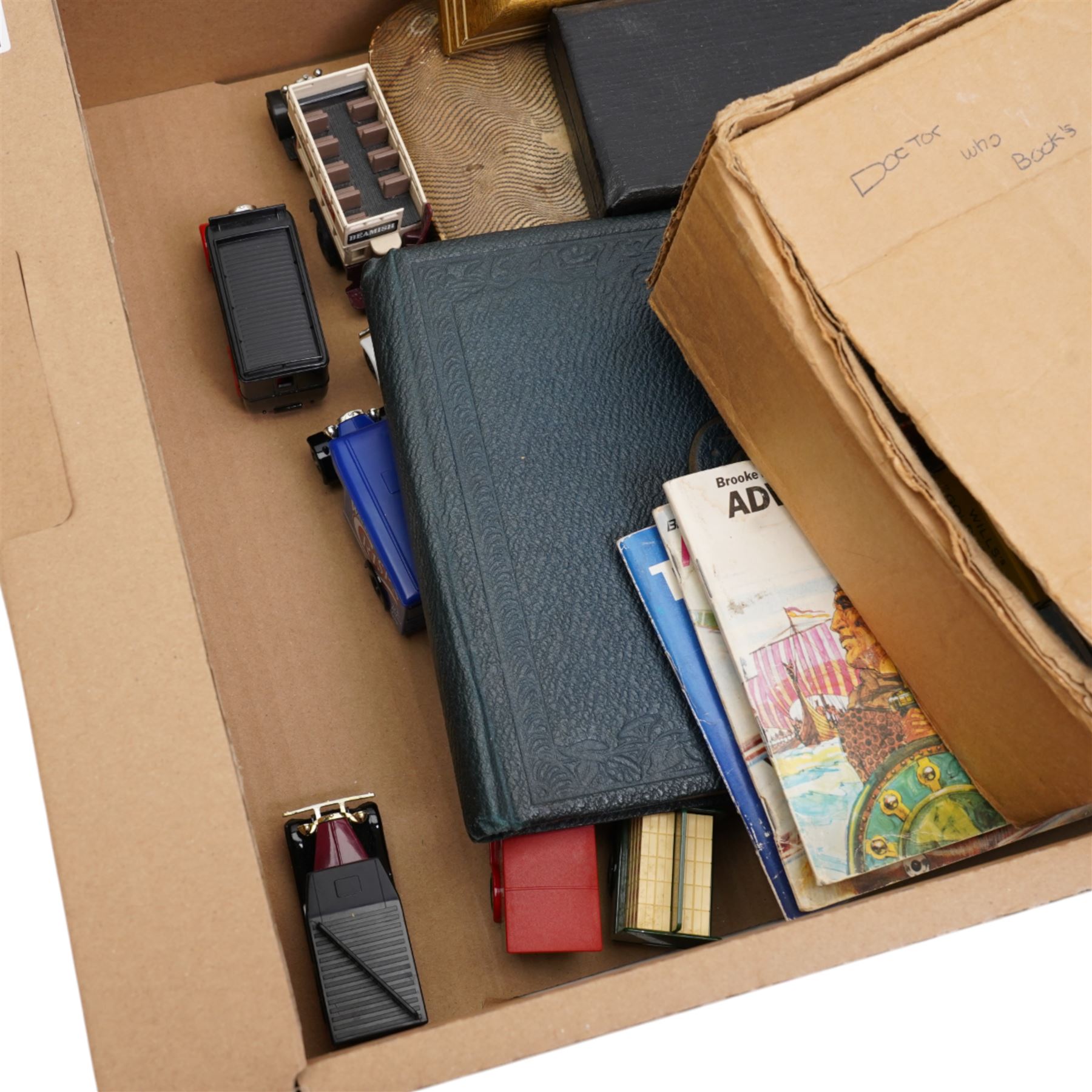 Case of dentist implements, cigarette card album, various loose cards, cigarette dispenser, die cast model vehicles, Lord of the Rings film cell montage etc