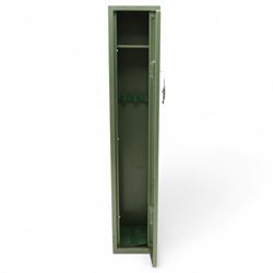 Bailey Structural Ltd green-painted steel gun cabinet, with lockable hinged door, internal shelf and foam rifle rack, complete with key