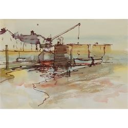 Roland Batchelor RWS (British 1889-1990): 'Pier Guernsey', watercolour and ink unsigned, painted in 1975, 17cm x 24cm 
Provenance: artist's studio; collection of Grant Waters; with Louise Kosman, Edinburgh; then with the Ariel Gallery, Lavenham, where purchased by the vendor