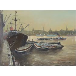 Steven Scholes (Northern British 1952-): 'Hay's Wharf - River Thames - London 1962', oil on canvas signed, titled verso 29cm x 39cm