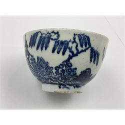 Group of 18th century porcelain comprising a Cannonball pattern tea bowl and saucer, Liverpool saucer painted in underglaze blue with floral sprays and a crowsfoot border, Birds on a Branch pattern bowl D11cm, possibly Liverpool, and another tea bowl