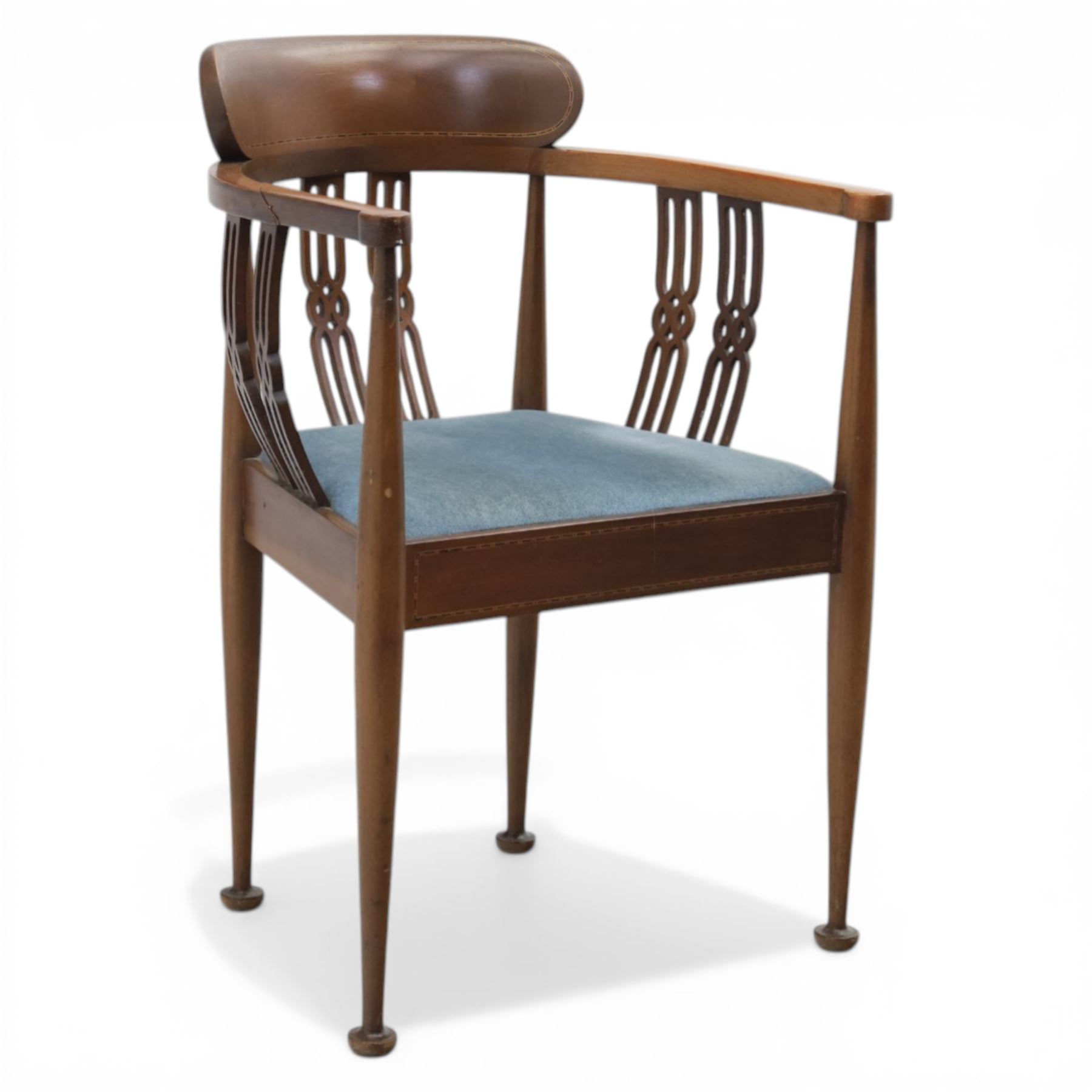 Early 20th century Hepplewhite style mahogany armchair, upholstered shaped back over pierced splat back with linked oval decoration, open arms and upholstered seat, on square tapering supports terminating in pad feet