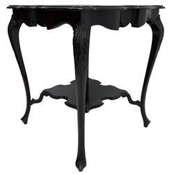 Victorian lacquered occasional table, shaped square top with moulded edge, raised on cabriole supports with acanthus carved knees, united by undertier