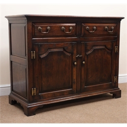  18th century style oak dresser, two drawers above two cupboard doors, shaped bracket supports, W113cm, H88cm, D48cm  