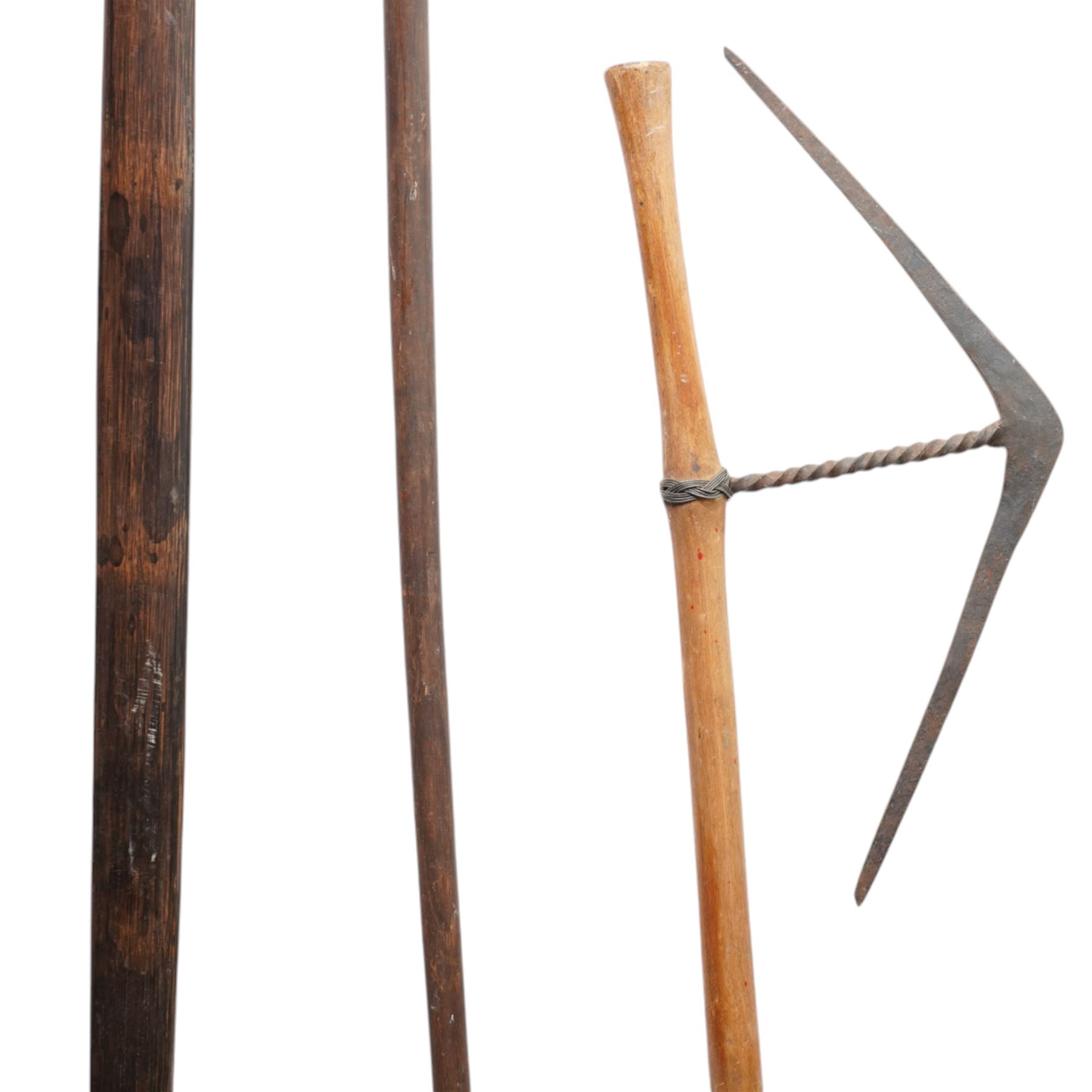 New Guinea self bow with decoration L144cm, a European bow, possibly Lapland, African spears and an axe