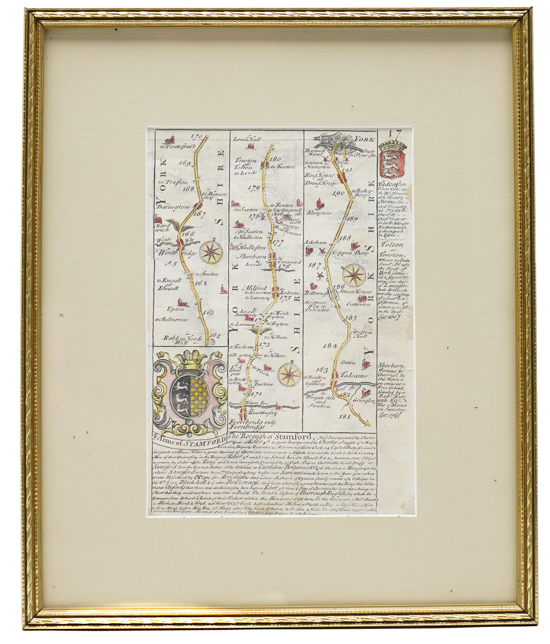 Topographical Interest - a collection of eight 18th century and later engraved and lithographic maps including two strip road maps (Bristol to York and Bristol), county maps of Gloucestershire (2), Westmoreland, Northumberland and Middlesex, together with a map of France max 28cm x 22cm (8)